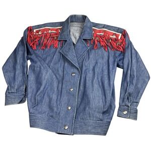 Vintage Denim Jacket Womens Medium Fringe Western Beaded Snap Buttons Cowboy 80s